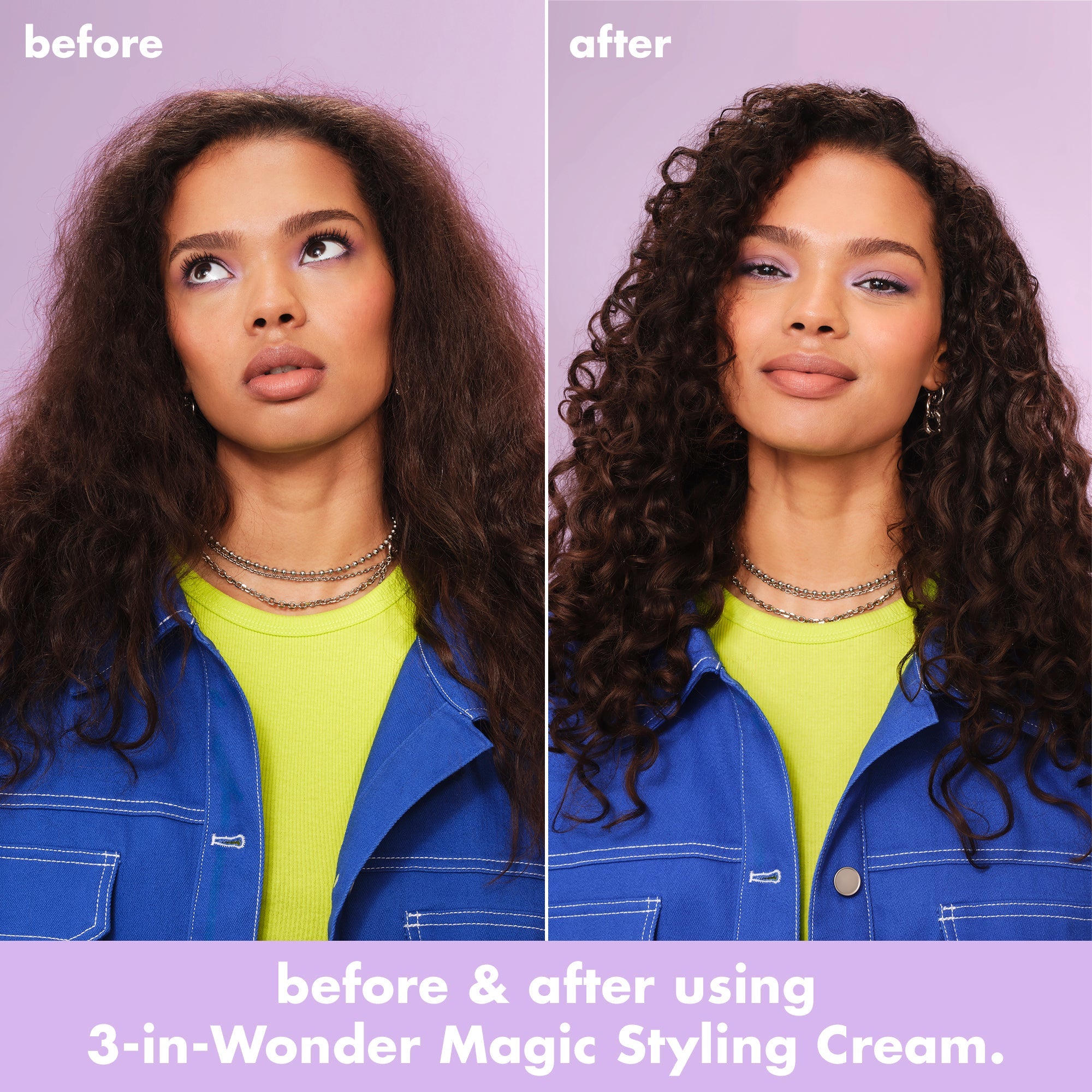 Before and after showing smooth curls after using 3-in-Wonder Magic Styling Cream