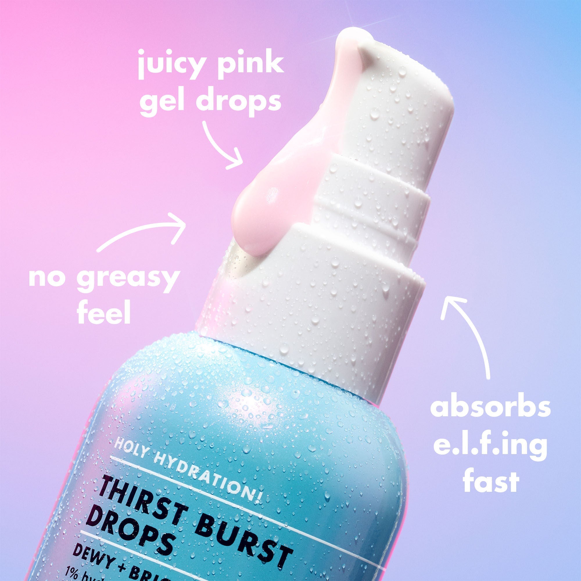 Bottle of brightening Thirst Burst Drops with text highlighting features on a pink and purple gradient background
