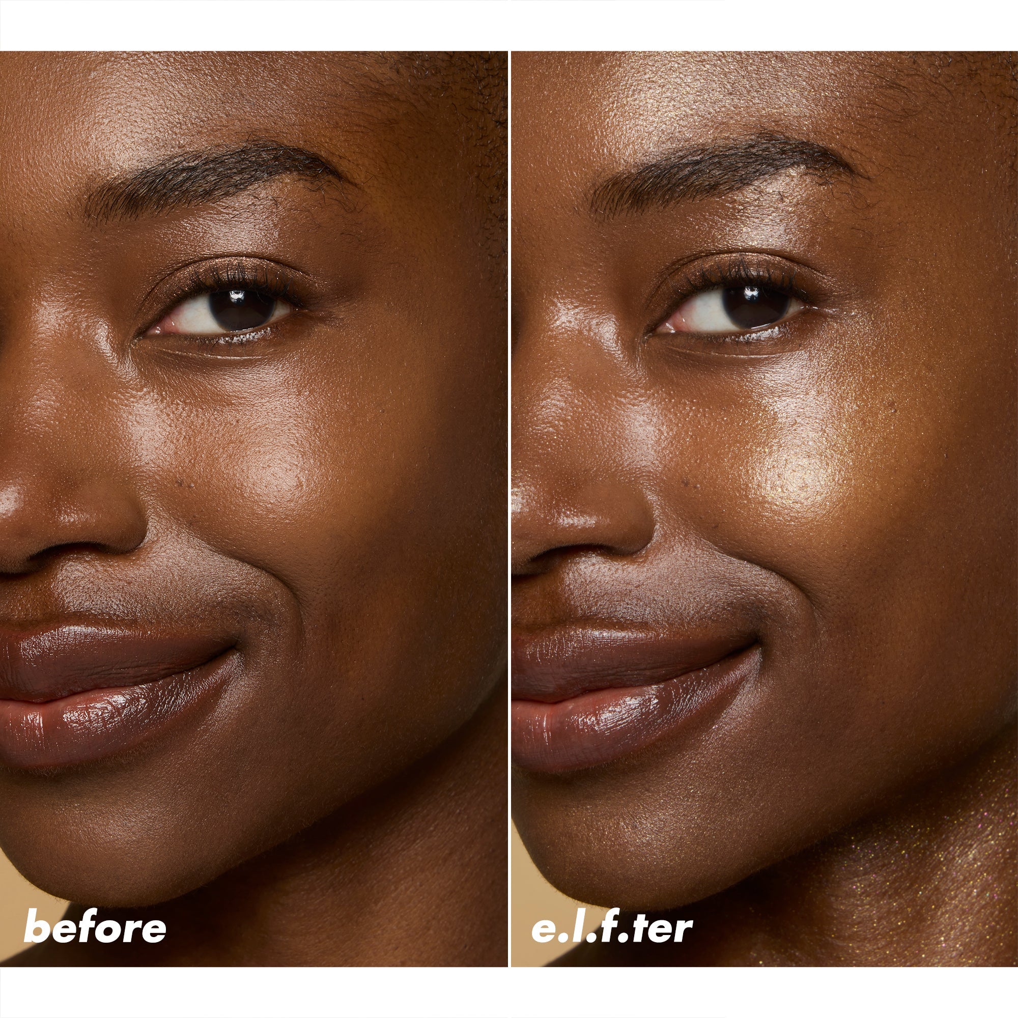Rich skin tone before and after applying Invisi-Stick Glitz SPF 50