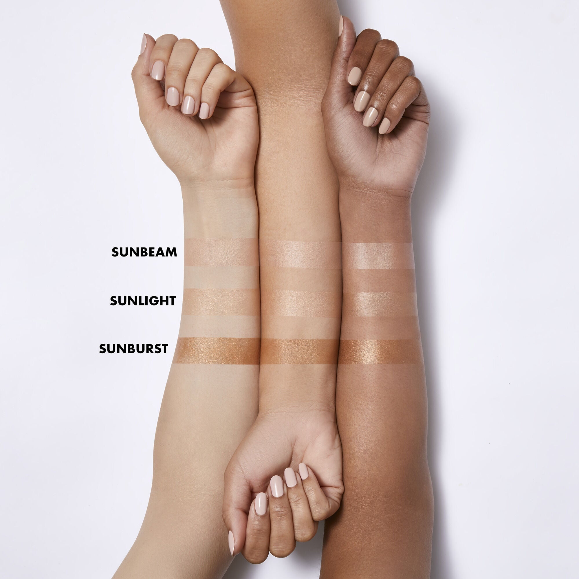 Arm swatches with different skin tones showing Suntouchable Whoa Glow SPF 30 shades: Sunbeam, Sunlight, and Sunburst.