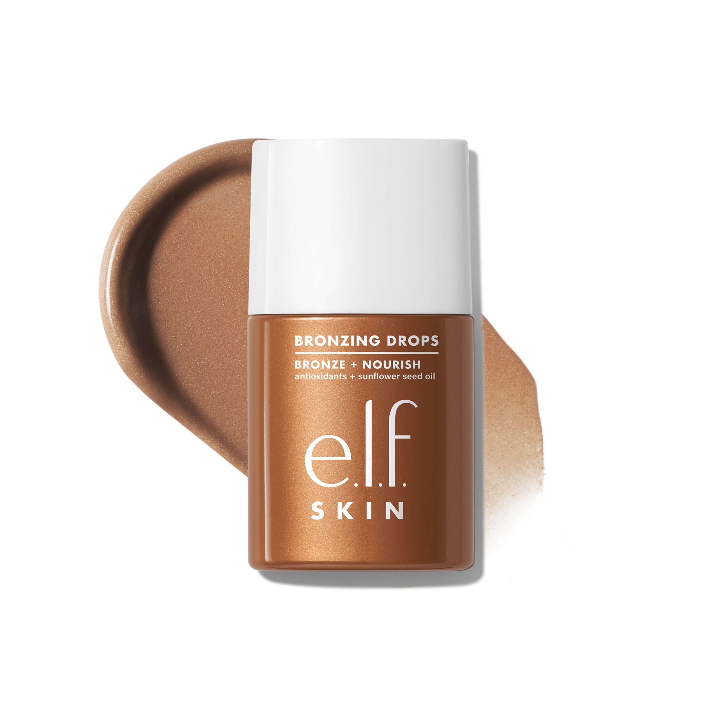 e.l.f. Skin bronzing drops in the shade rose gold with a swatch on a white background