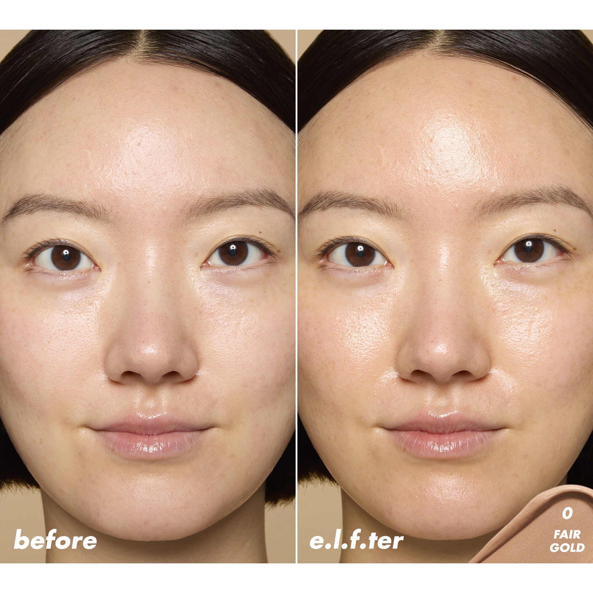Before and after comparison of a woman's face wearing bronzing drops tinted serum