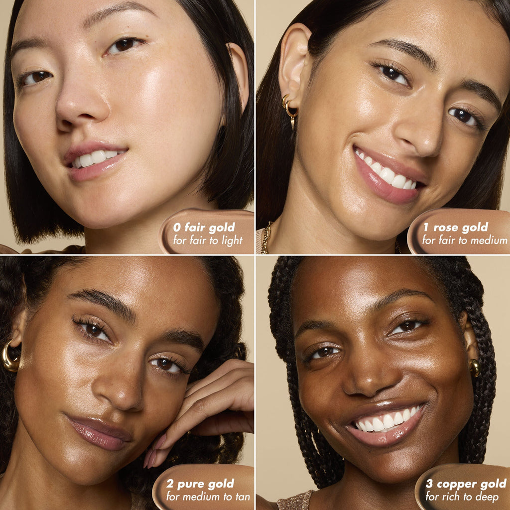 Four women wearing bronzing drops with a color swatch labeled '0 fair gold' to '3 copper gold'.