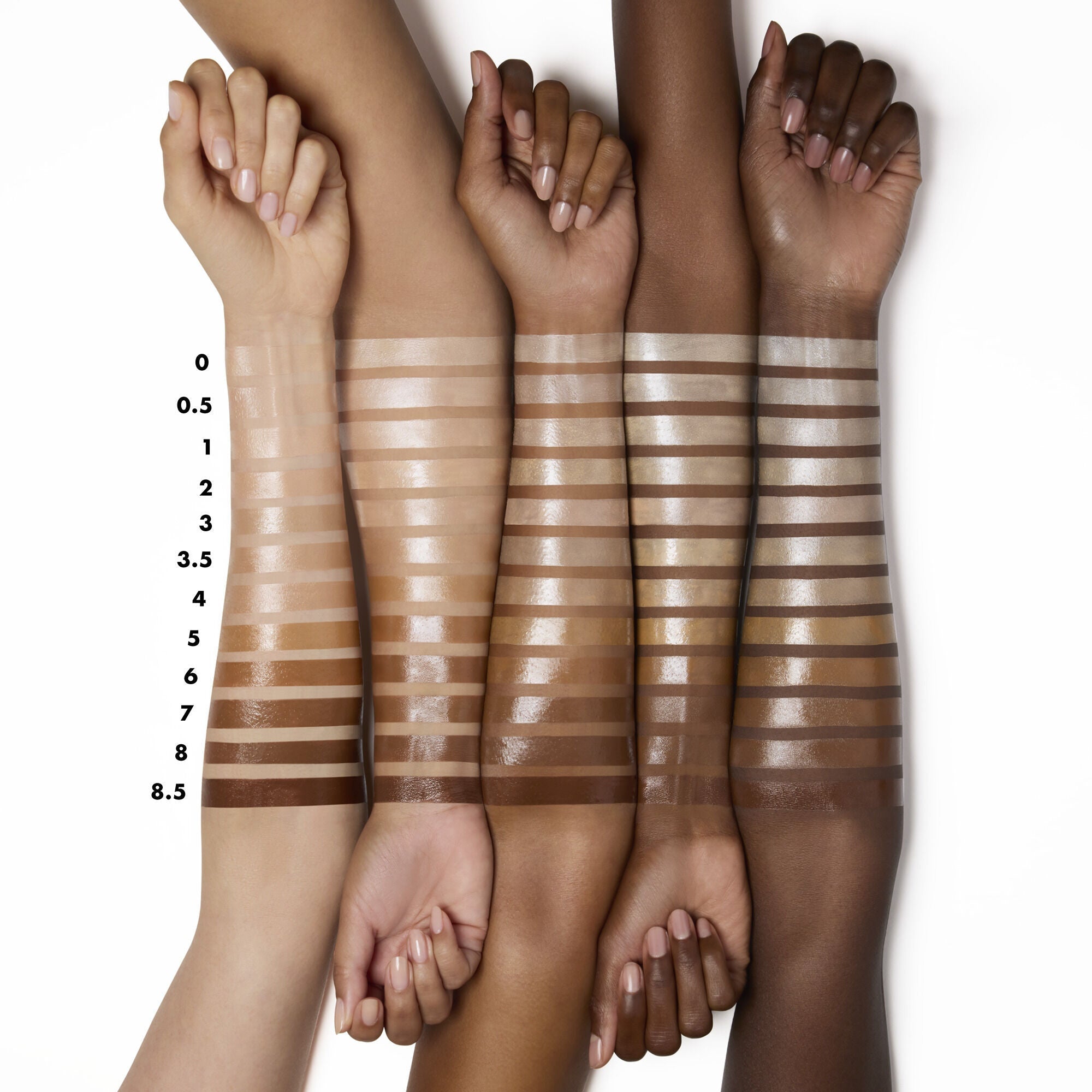 Halo Glow Liquid Filter Arm Swatch Shades on Different Skin Tones